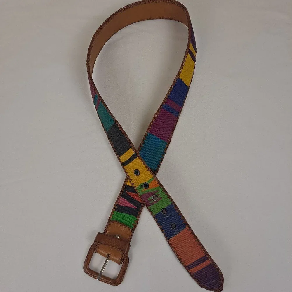 Colorful Cotton and Leather Belt Size Large Colorblock Made in Guatemala